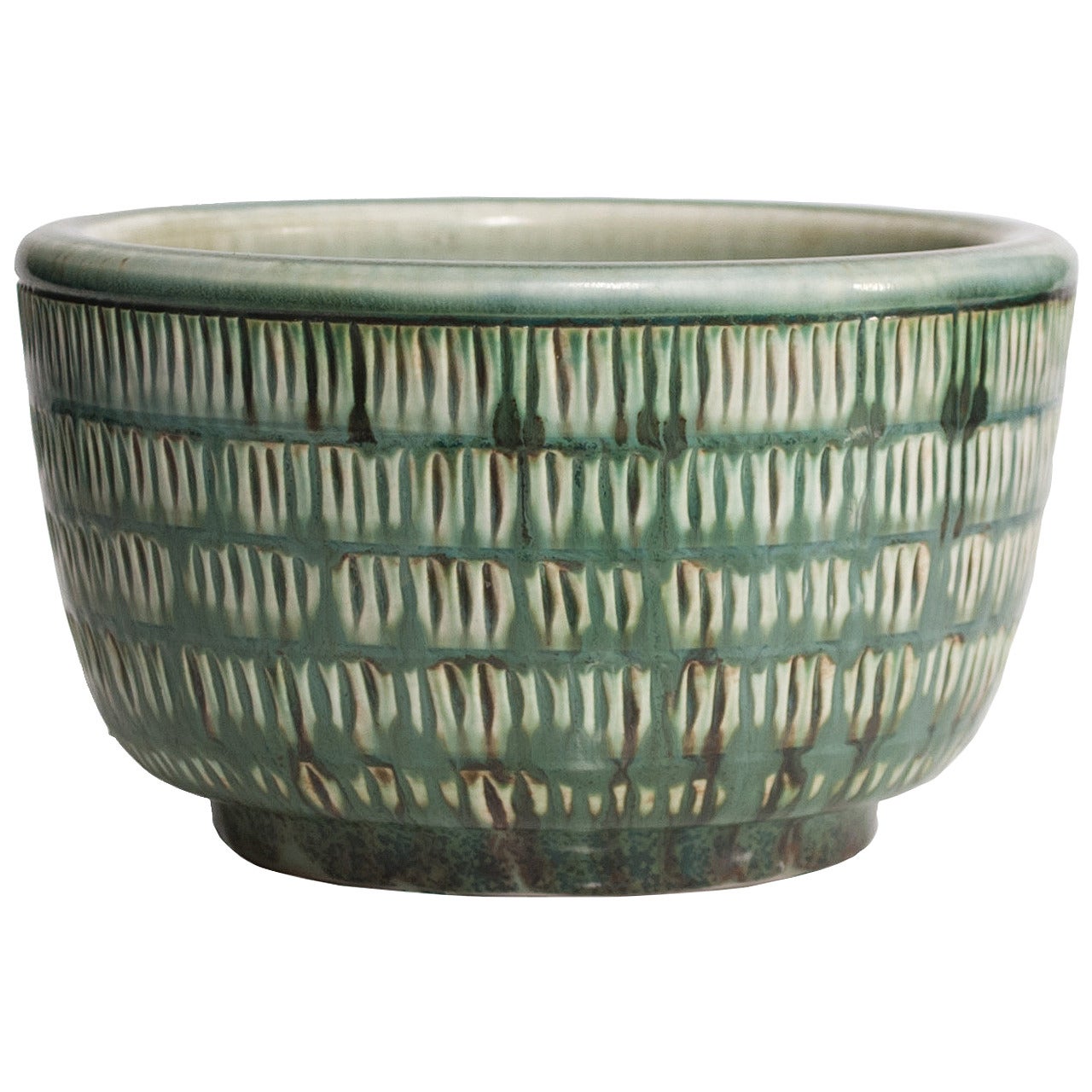 Swedish art deco ceramic bowl by Gertrud Lonegren in green glaze.
