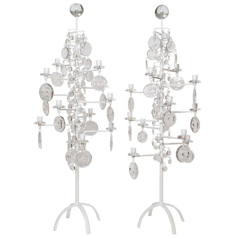 Pair of  Scandinavia Modern 12-arm  Wrought Iron Candelabra by Erik Hoglund,