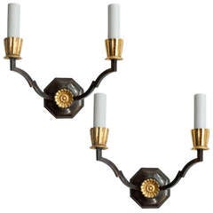 Pair of Swedish art deco 2-arm bronze and gilded sconces.