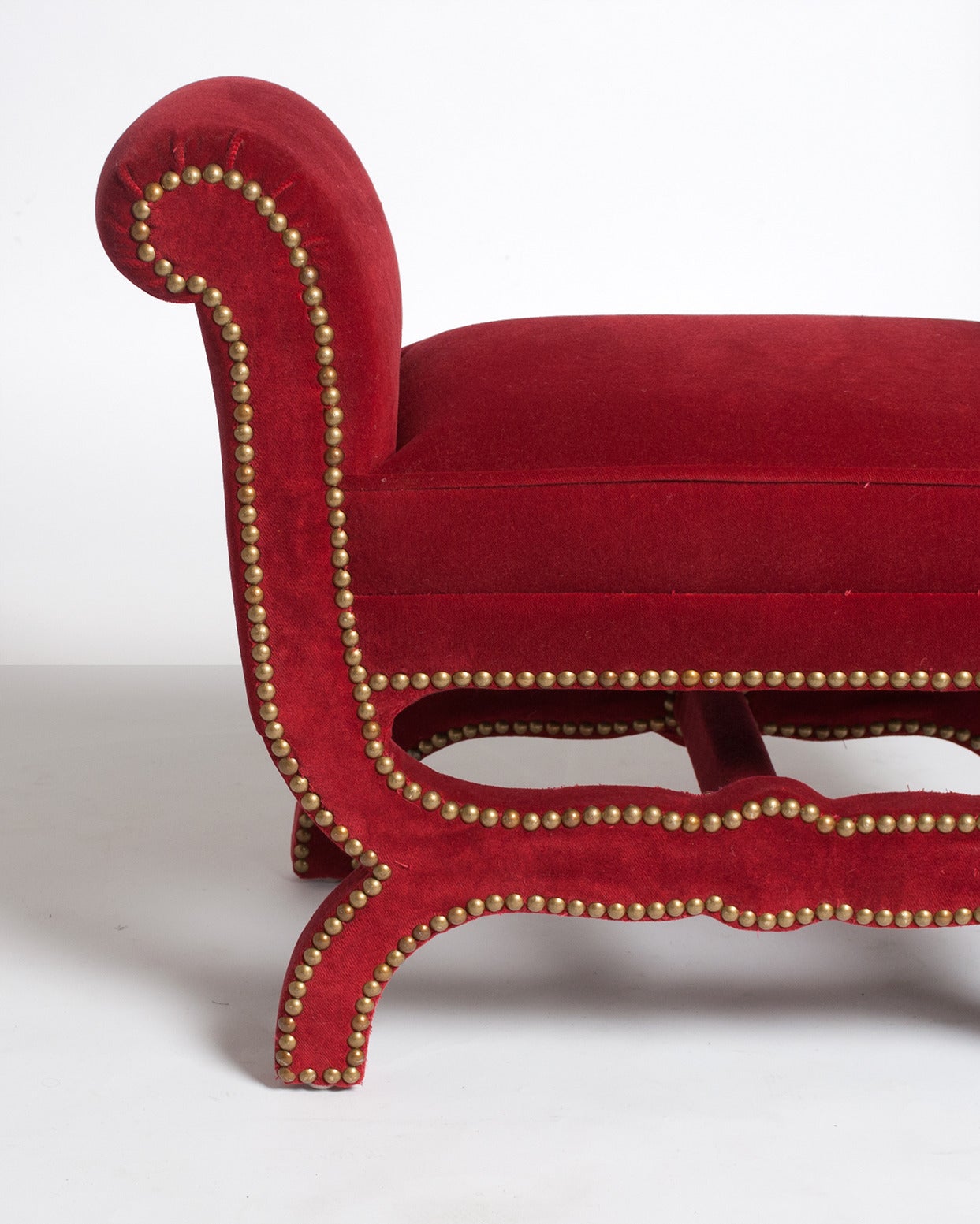Swedish Art Deco Footstool by Otto Schulz with Red Velvet, Brass Nailheads In Excellent Condition In New York, NY