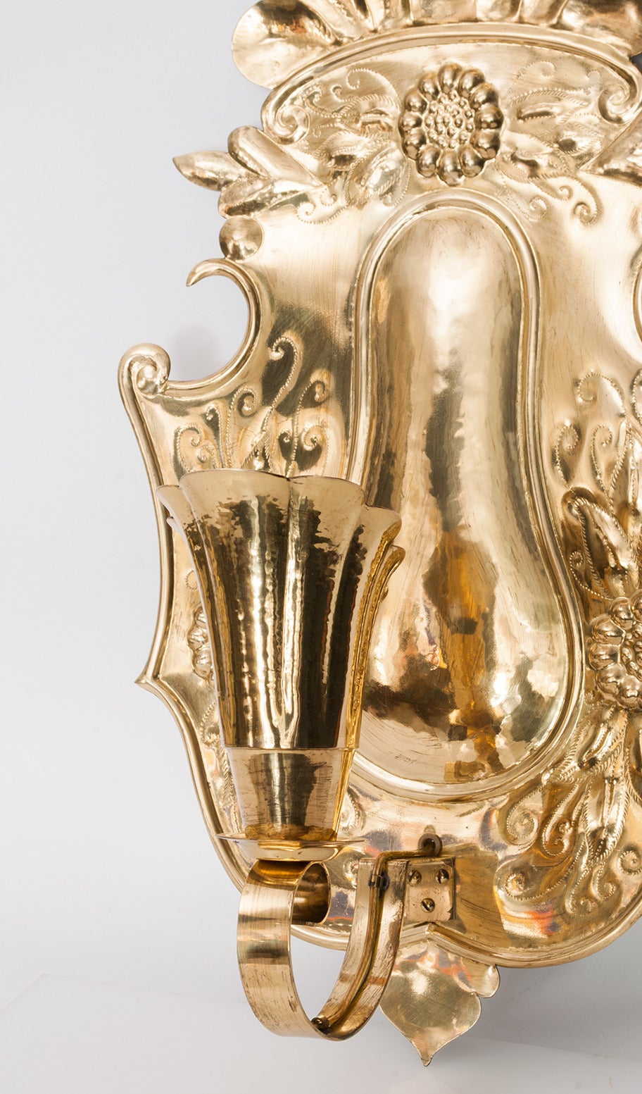 Large Pair of Swedish Hammered Brass Wall Sconces with Single Socket For Sale at 1stdibs