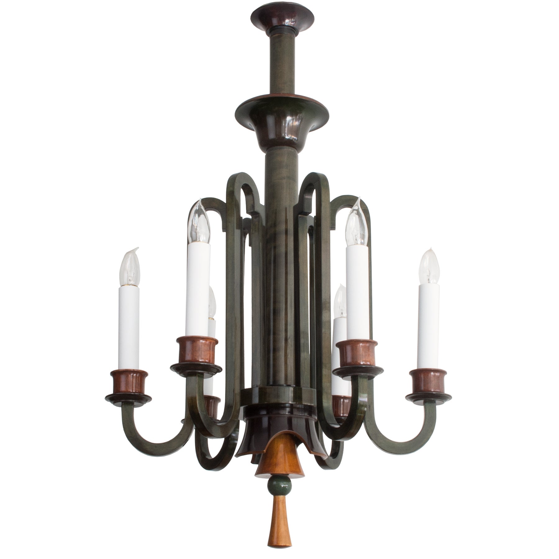 Swedish Art Deco chandelier in stained and polished birch wood.