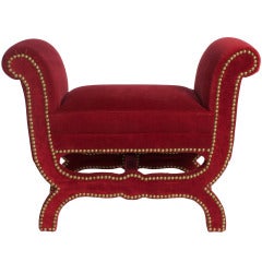 Swedish Art Deco Footstool by Otto Schulz with Red Velvet, Brass Nailheads