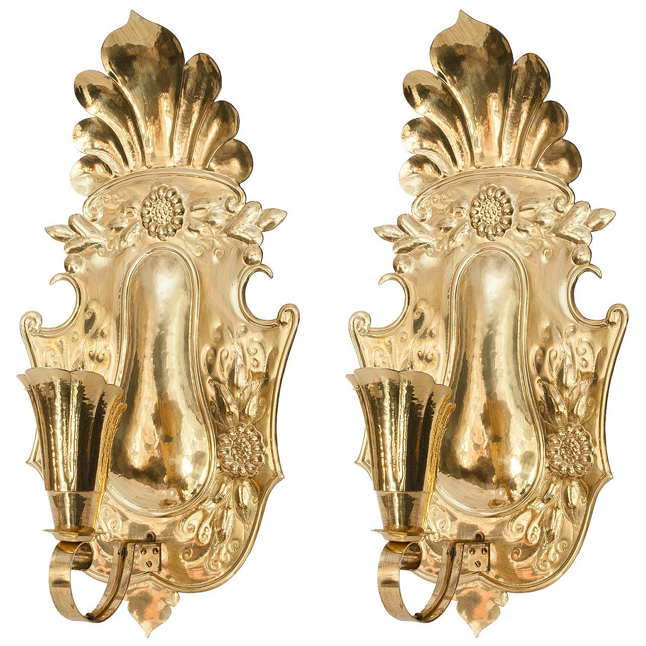Large Pair of Swedish Hammered Brass Wall Sconces with Single Socket For Sale