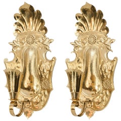 Large Pair of Swedish Hammered Brass Wall Sconces with Single Socket