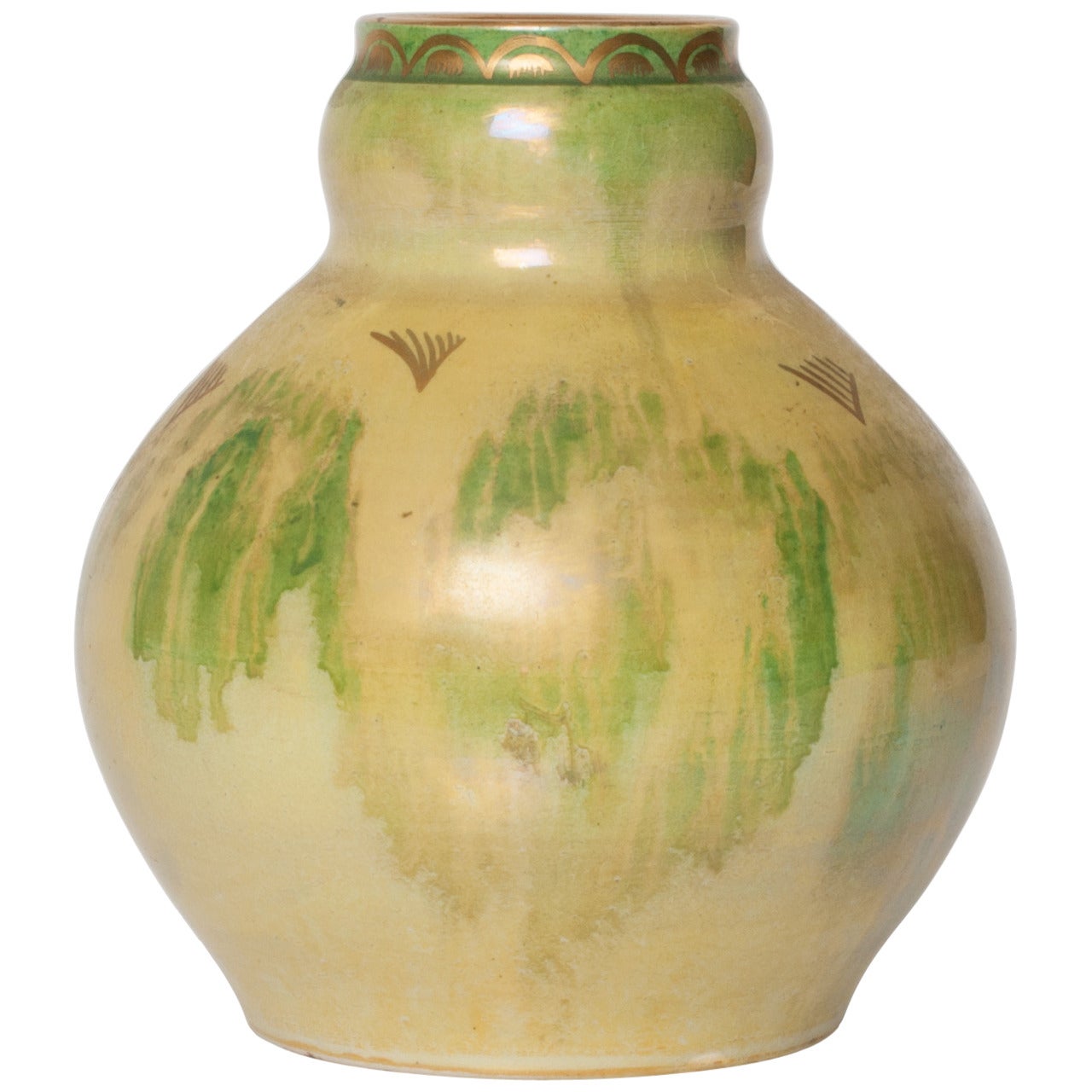 Scandinavian Modern Ceramic Vase in Yellow, Green, Gold by Josef Ekberg For Sale