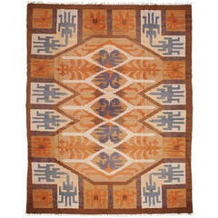 Large Swedish Art Deco Flat Weave Rug with Geometric Design