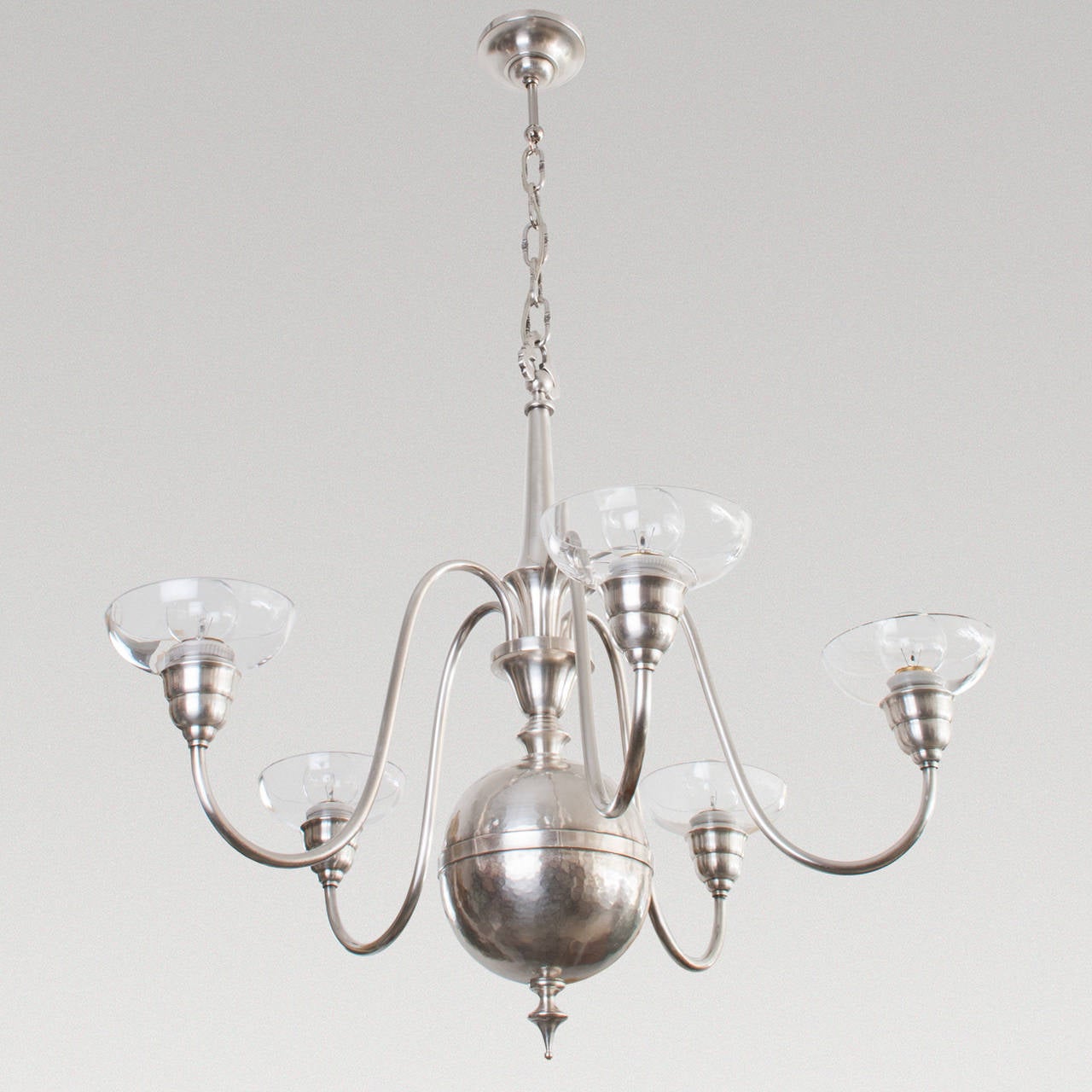 Scandinavian Modern, Swedish art deco silver plated bronze 5-arm chandelier with crystal glass boboches and porcelain sockets. Made at Studio Torndahl circa 1920's. Newly rewired with standard sockets for use in the USA. Height: 35", Diameter: