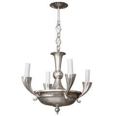 Antique Swedish Art Deco Solid Pewter Chandelier with Four Fluted Horn Arms