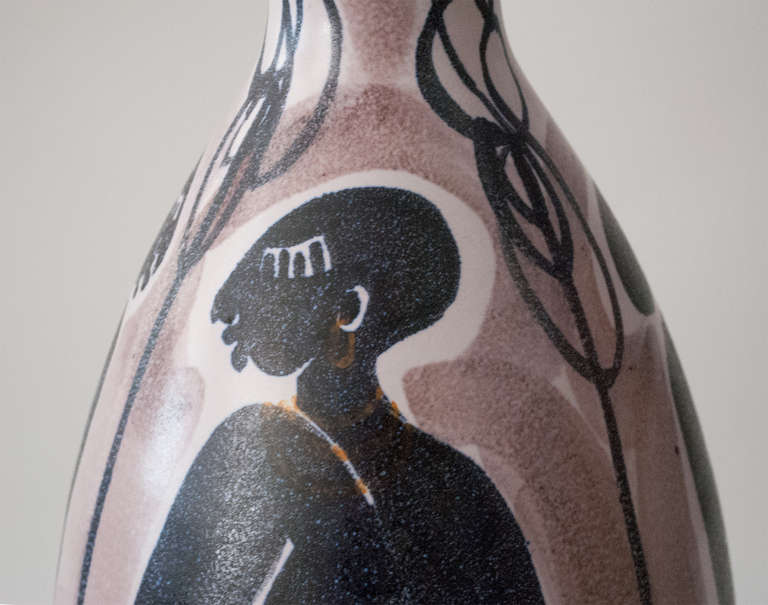 Mid-century Hand Decorated Ceramic Vase by Mette Doller for Hoganas, Sweden In Excellent Condition In New York, NY