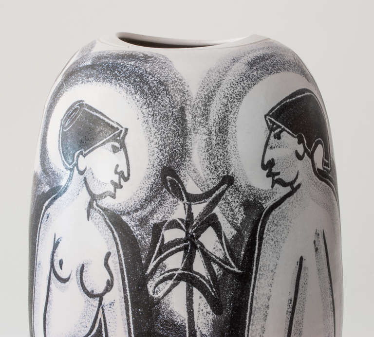 Swedish Hand Painted Mette Doller Ceramic Vase Form by Erik Ivarsson for Hoganas, Sweden