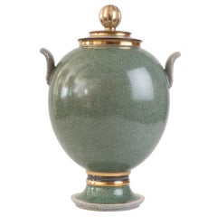 Very Large Royal Copenhagen Gilt & Craquelure Jar with Lid in Green.