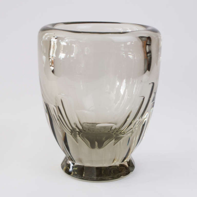 Swedish Art Deco boldly etched glass vase with thick walls and faceted foot. . Designer unknown, circa 1930's. H: 10
