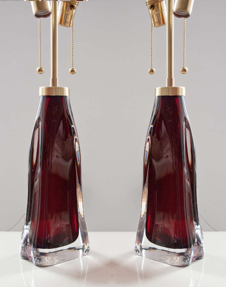 Swedish Pair of Orrefors Carl Fagerlund midcentury red cased glass lamps