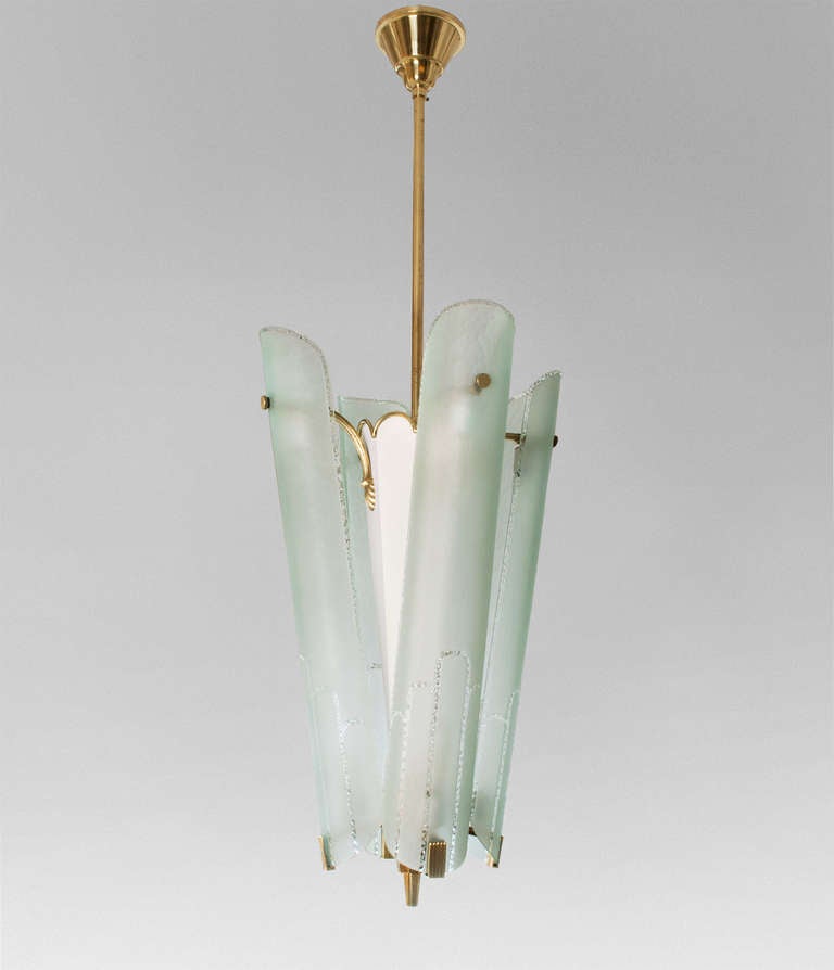 Scandinavian Modern Large Swedish Art Deco Chandelier With 4 Acid And Hand Etched Glass Shades.