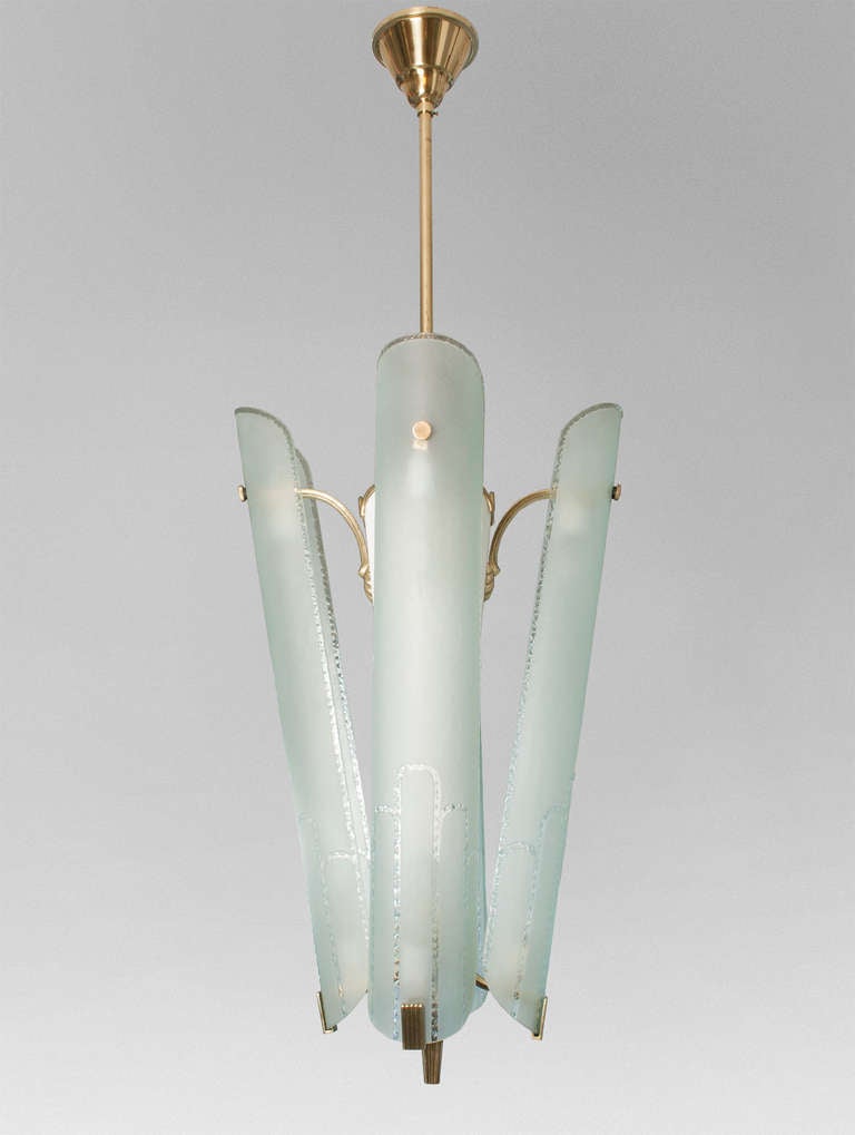 Scandinavian Large Swedish Art Deco Chandelier With 4 Acid And Hand Etched Glass Shades.