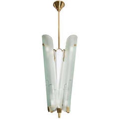 Large Swedish Art Deco Chandelier With 4 Acid And Hand Etched Glass Shades.