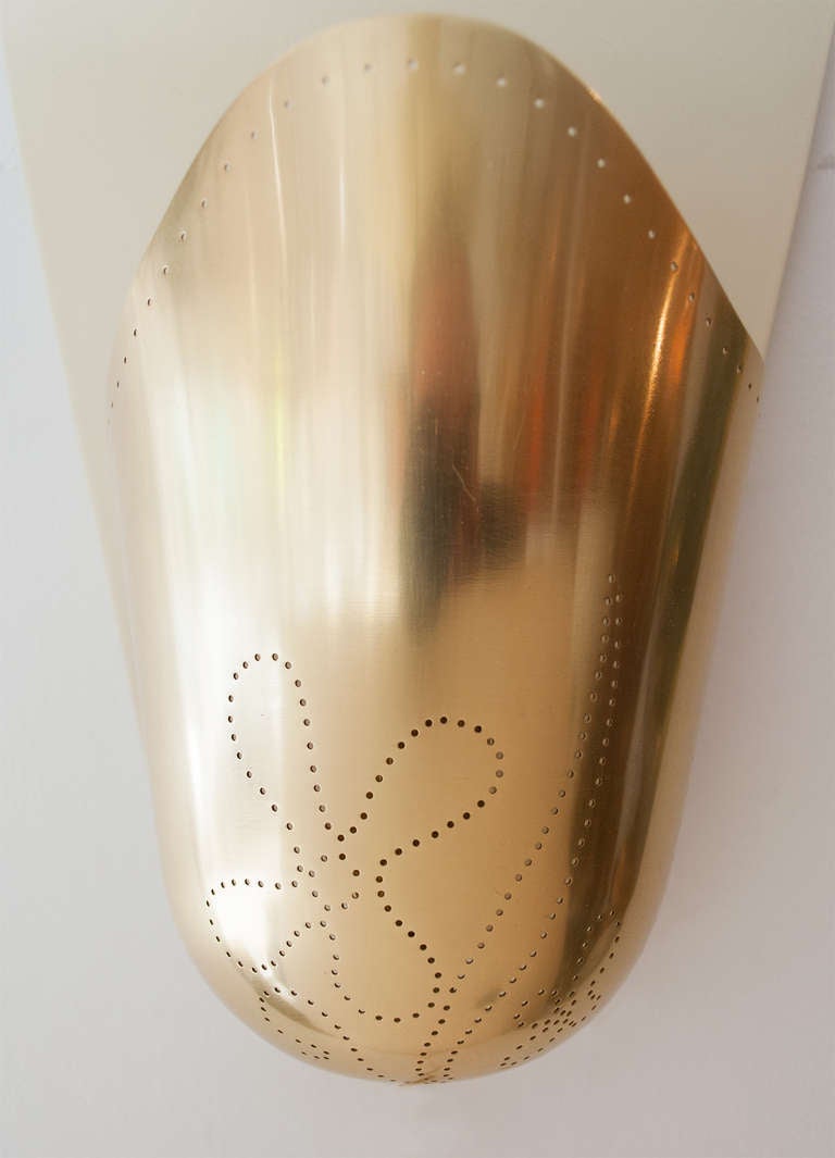 Pair Of Finnish Mid-century Wall Sconces In Polished Perforated Brass. In Excellent Condition In New York, NY