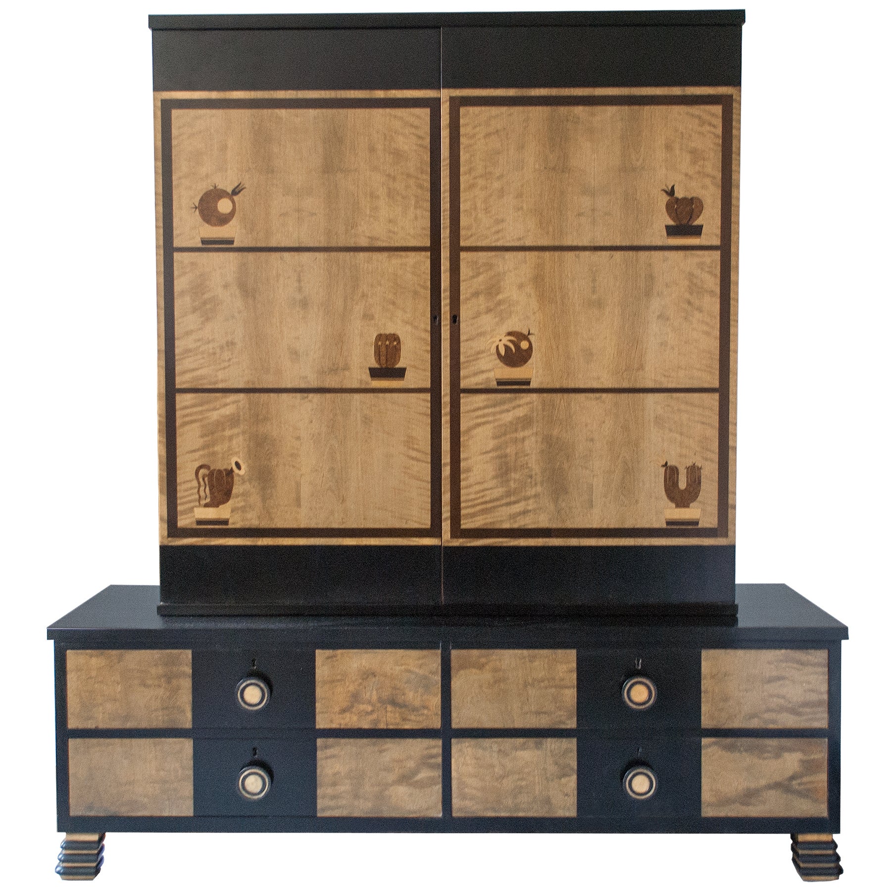 Swedish Art Deco Marquetry Two-Part Cabinet by Otto Schulz for Boet
