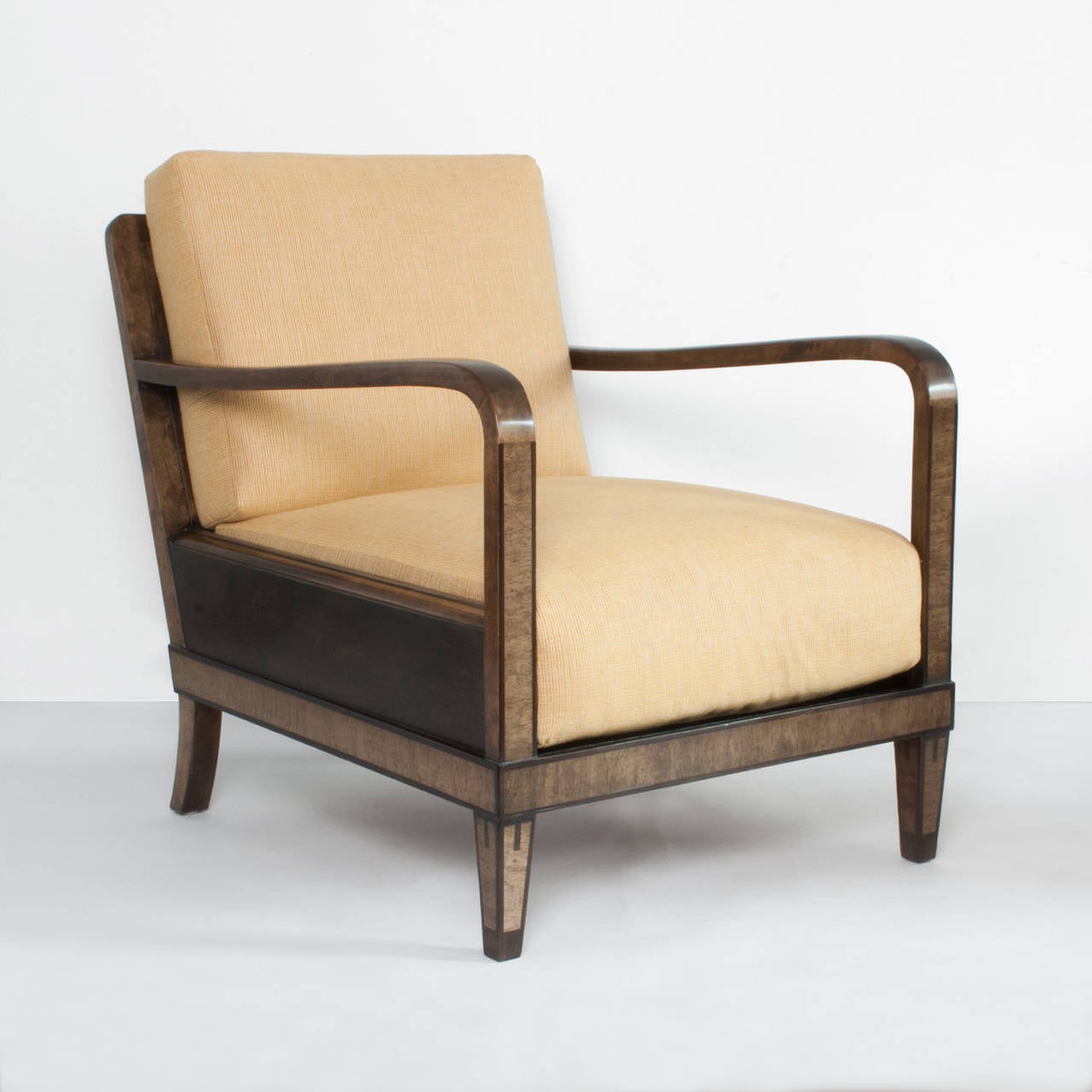 Art Deco Pair of Swedish art deco armchairs in stained birch and mahogany inlay.