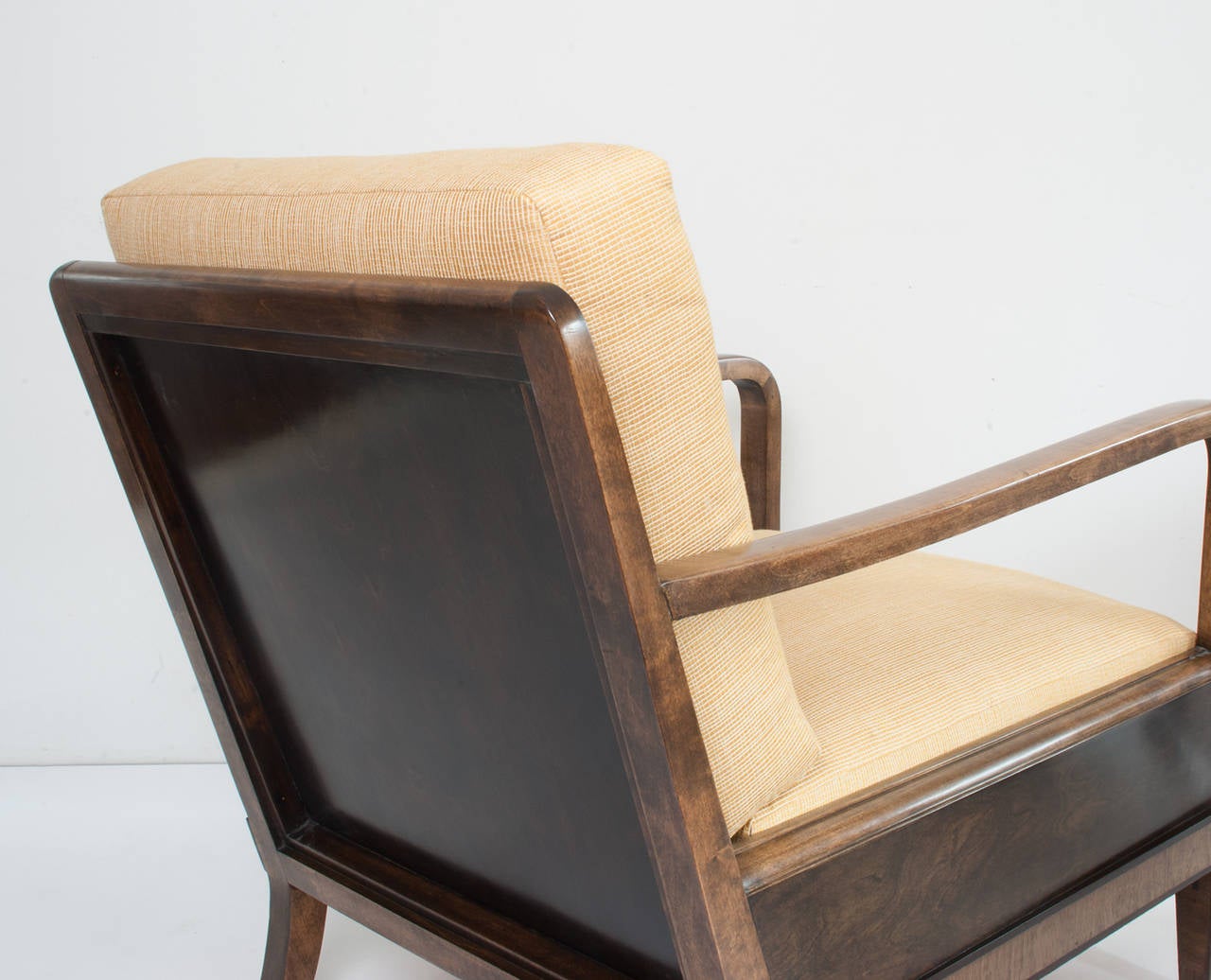 20th Century Pair of Swedish art deco armchairs in stained birch and mahogany inlay.