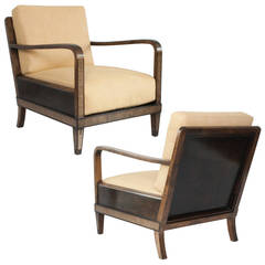 Antique Pair of Swedish art deco armchairs in stained birch and mahogany inlay.