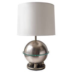 Swedish Art Deco Lamp Steel Sphere with Bronze Lions on Base