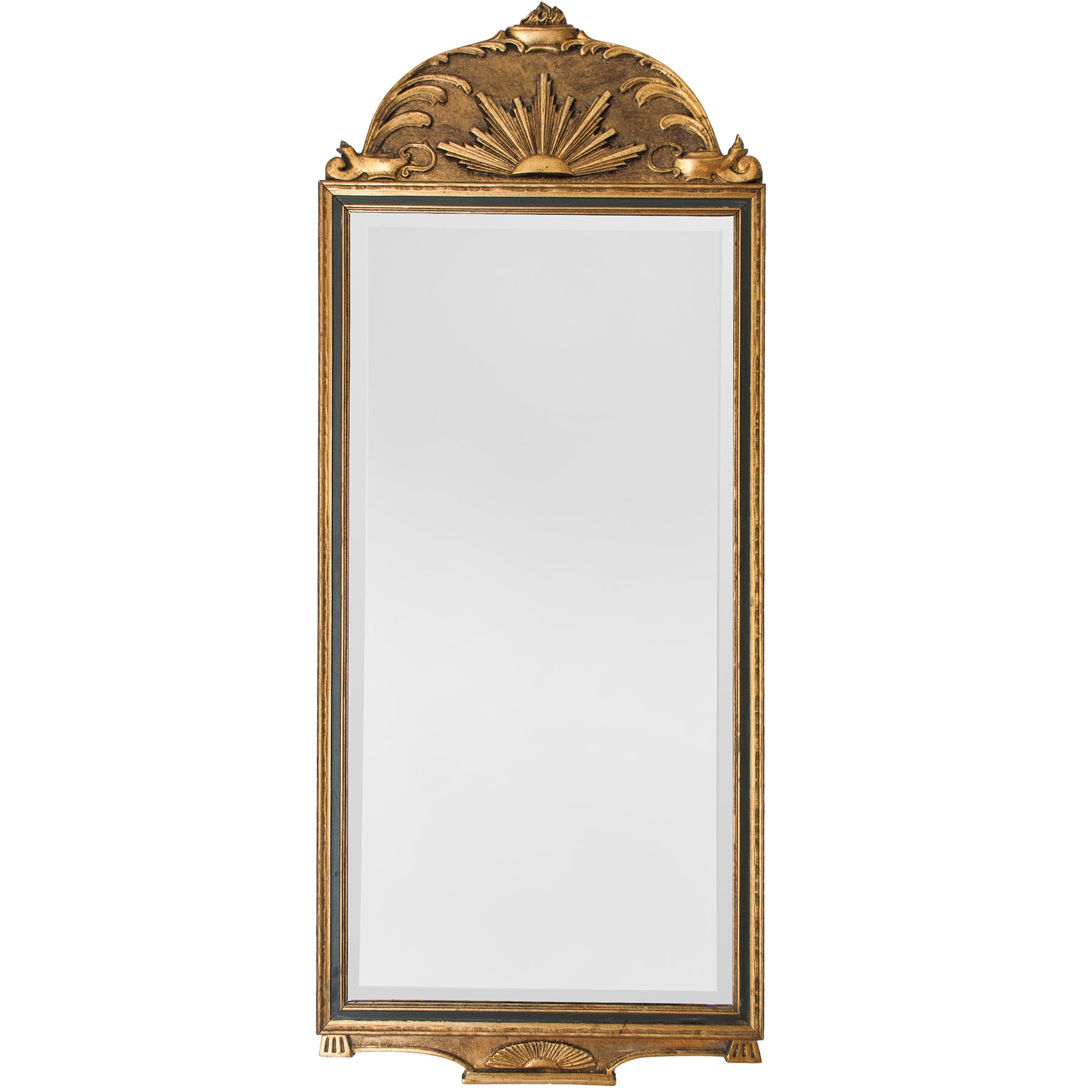 Gilt wood Swedish Art Deco mirror with sunburst and oil lamp motif. 