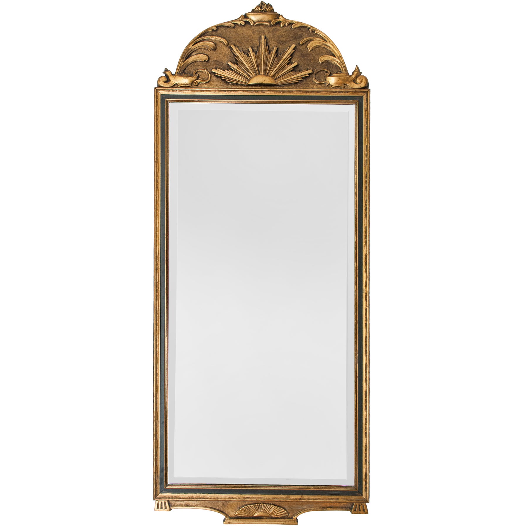 Gilt wood Swedish Art Deco mirror with sunburst and oil lamp motif.