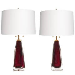 Pair of Orrefors Carl Fagerlund midcentury red cased glass lamps