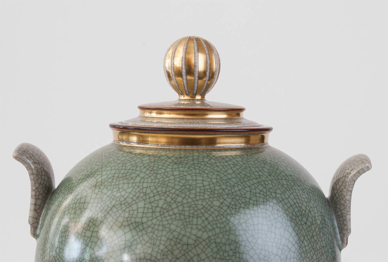 Mid-20th Century Very Large Royal Copenhagen Gilt & Craquelure Jar with Lid in Green.