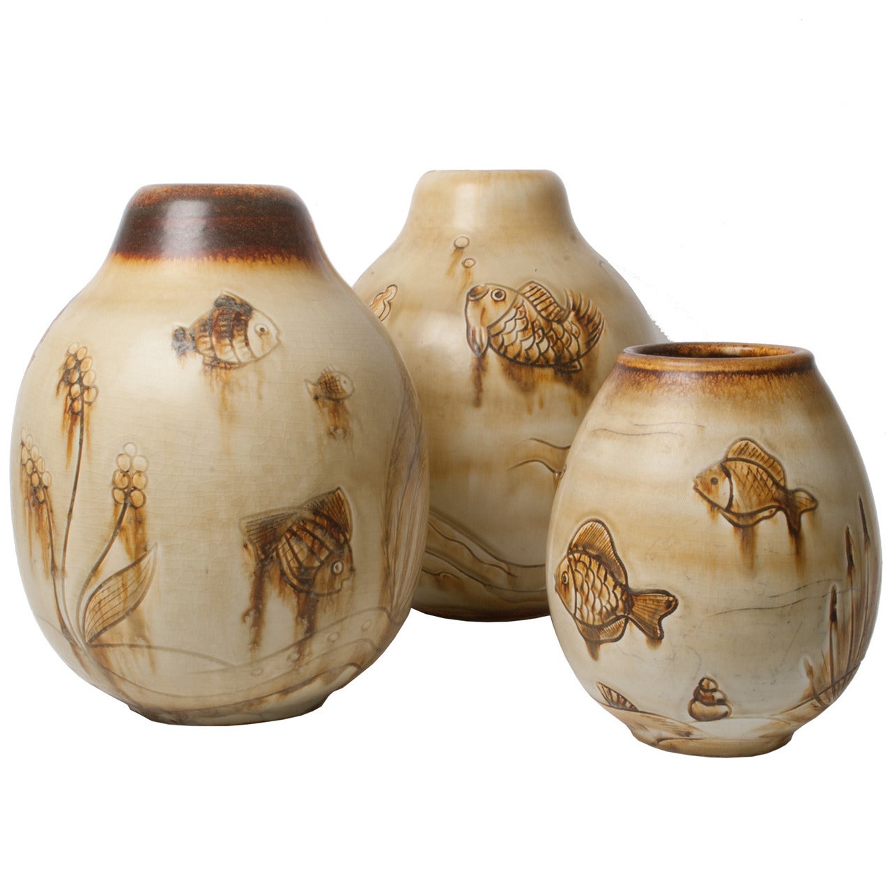 Groupe de trois vases en céramique à motif de poissons de Gertrud Lonegren pour Rorstrand