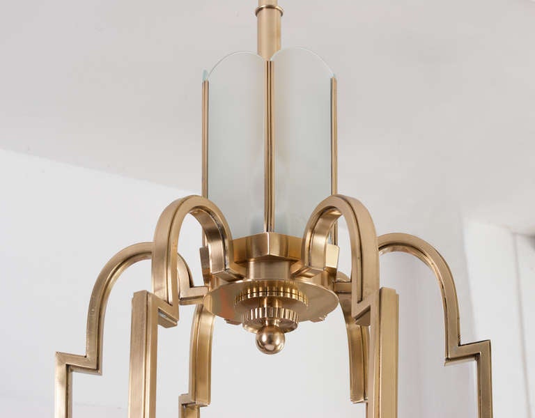 Swedish Art Deco 6-Arm Polished Brass Chandelier with Nine Lights In Excellent Condition In New York, NY
