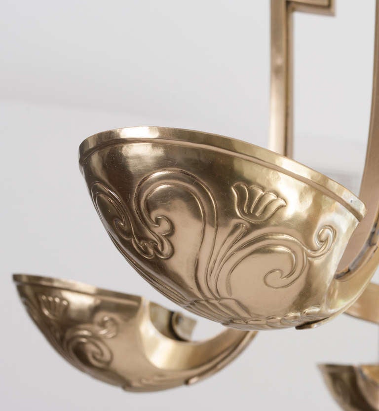 Swedish Art Deco 6-Arm Polished Brass Chandelier with Nine Lights 1