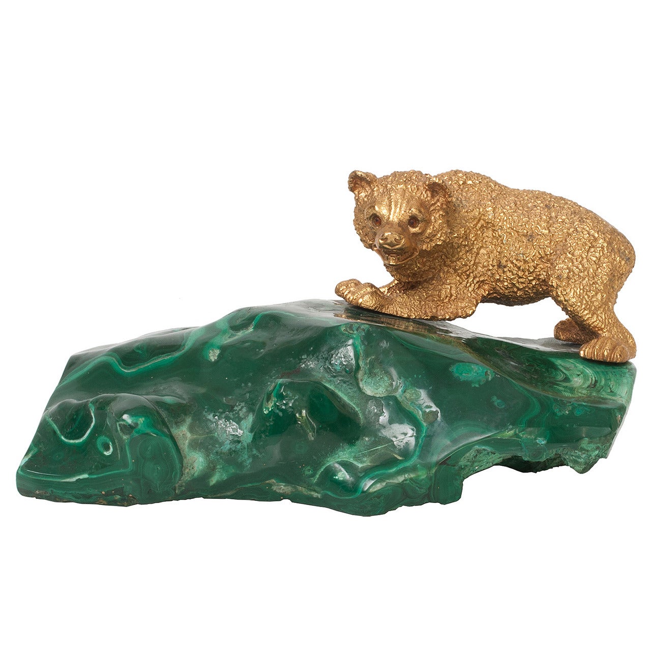 Russian Gilded Bronze Bear Cub Sculpture on a Sold Piece of Malachite