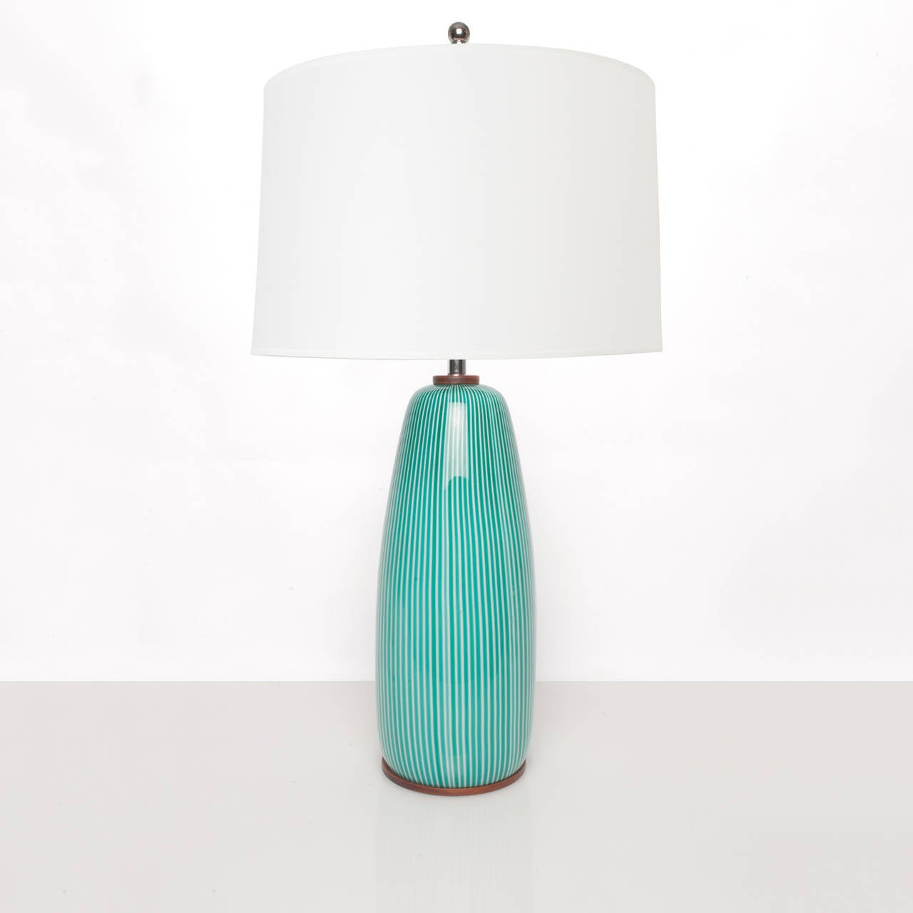 Venini Mid Century Striped Torquoise Glass Table Lamp with Wood Base