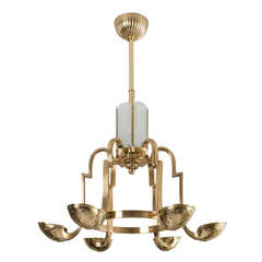 Swedish Art Deco 6-Arm Polished Brass Chandelier with Nine Lights