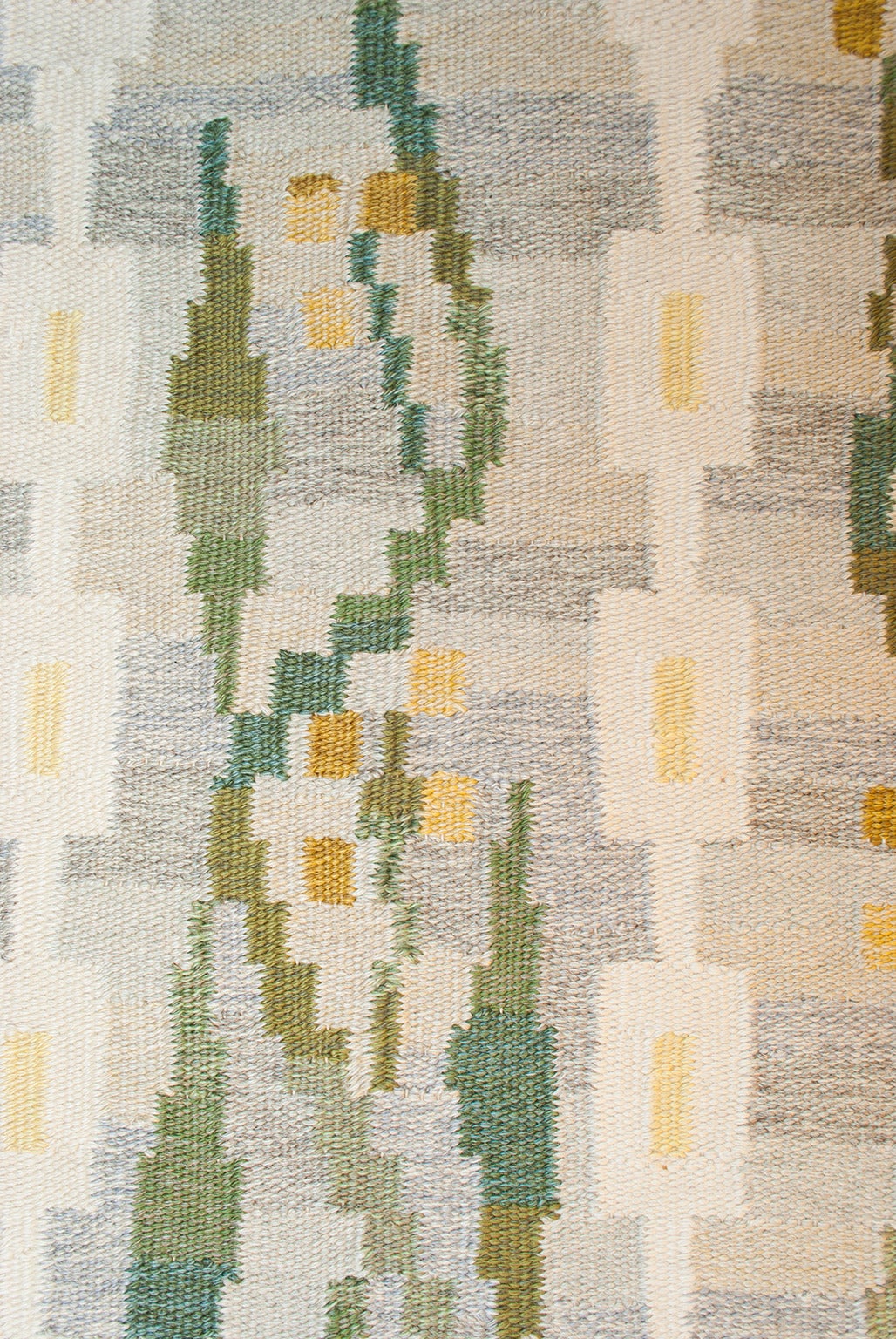 Mid-Century Modern Swedish mid-century wool flat weave rug with yellow flowers on heathered ground.