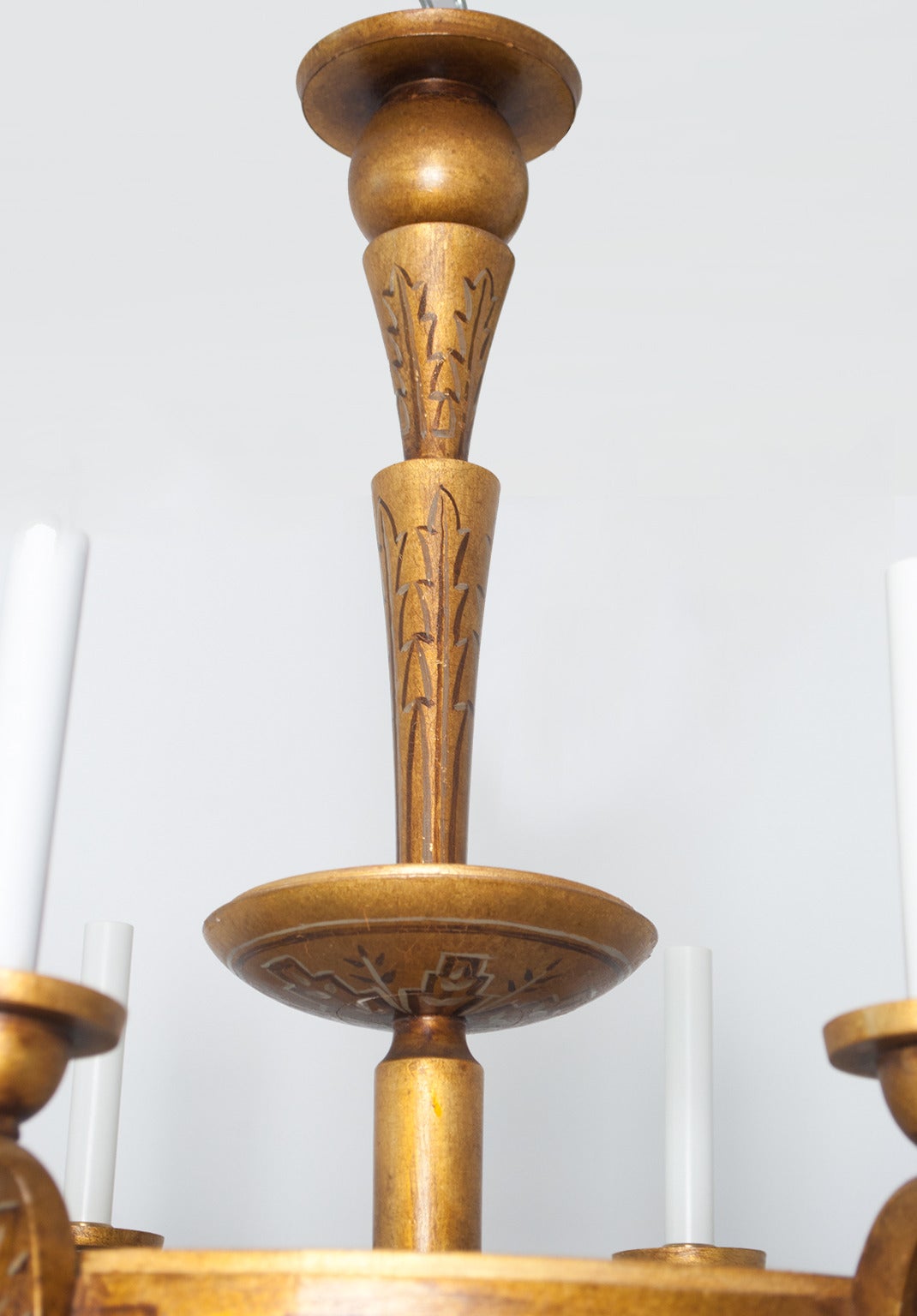 Swedish Art Deco Gold Wood Trompe L'oeil Six-Arm Chandelier In Excellent Condition In New York, NY