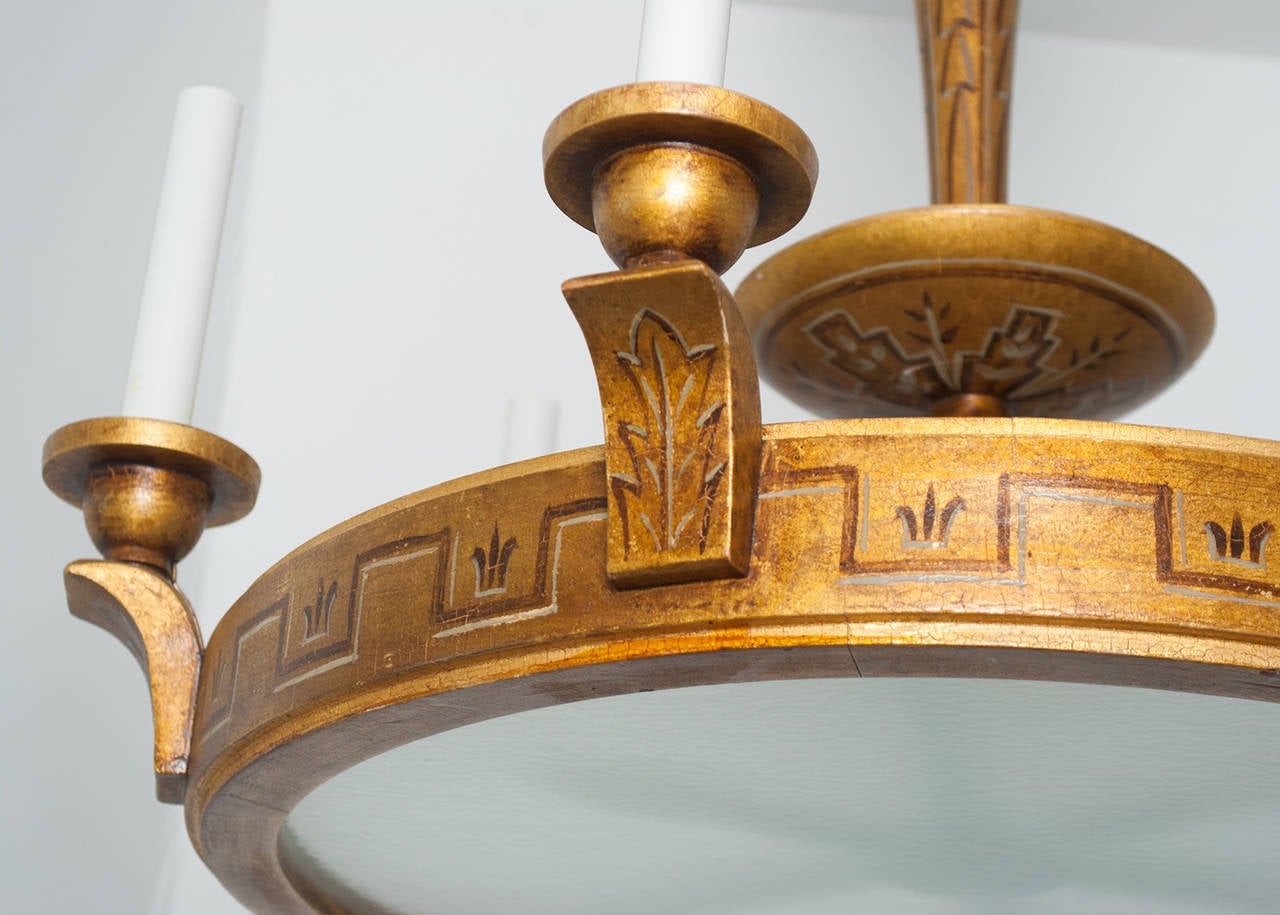 20th Century Swedish Art Deco Gold Wood Trompe L'oeil Six-Arm Chandelier
