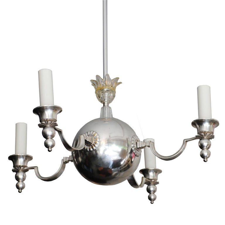 Swedish Art Deco 4-arm chandelier with glass crown.