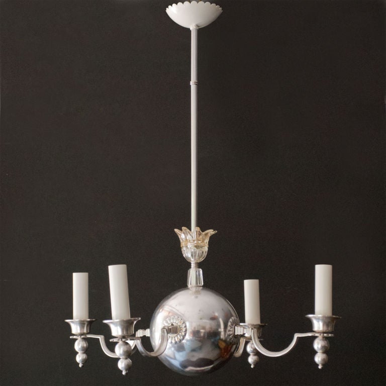 20th Century Swedish Art Deco 4-arm chandelier with glass crown.