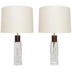 Pair of Scandinavian modern glass and rosewood table lamps by Kosta