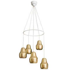 Large Scandinavian Modern chandelier with 5 brass pendant lamps