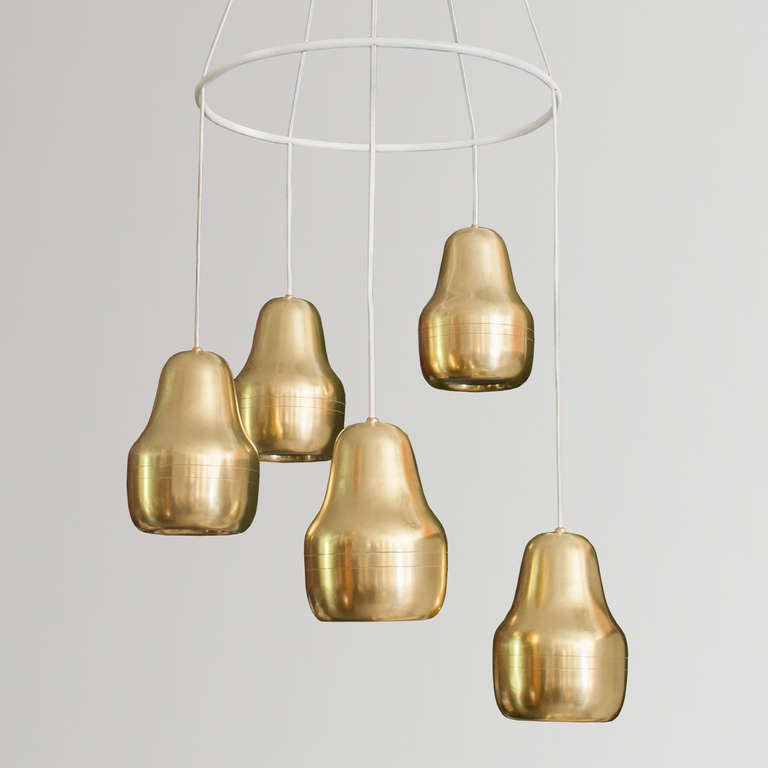 Polished Large Scandinavian Modern chandelier with 5 brass pendant lamps