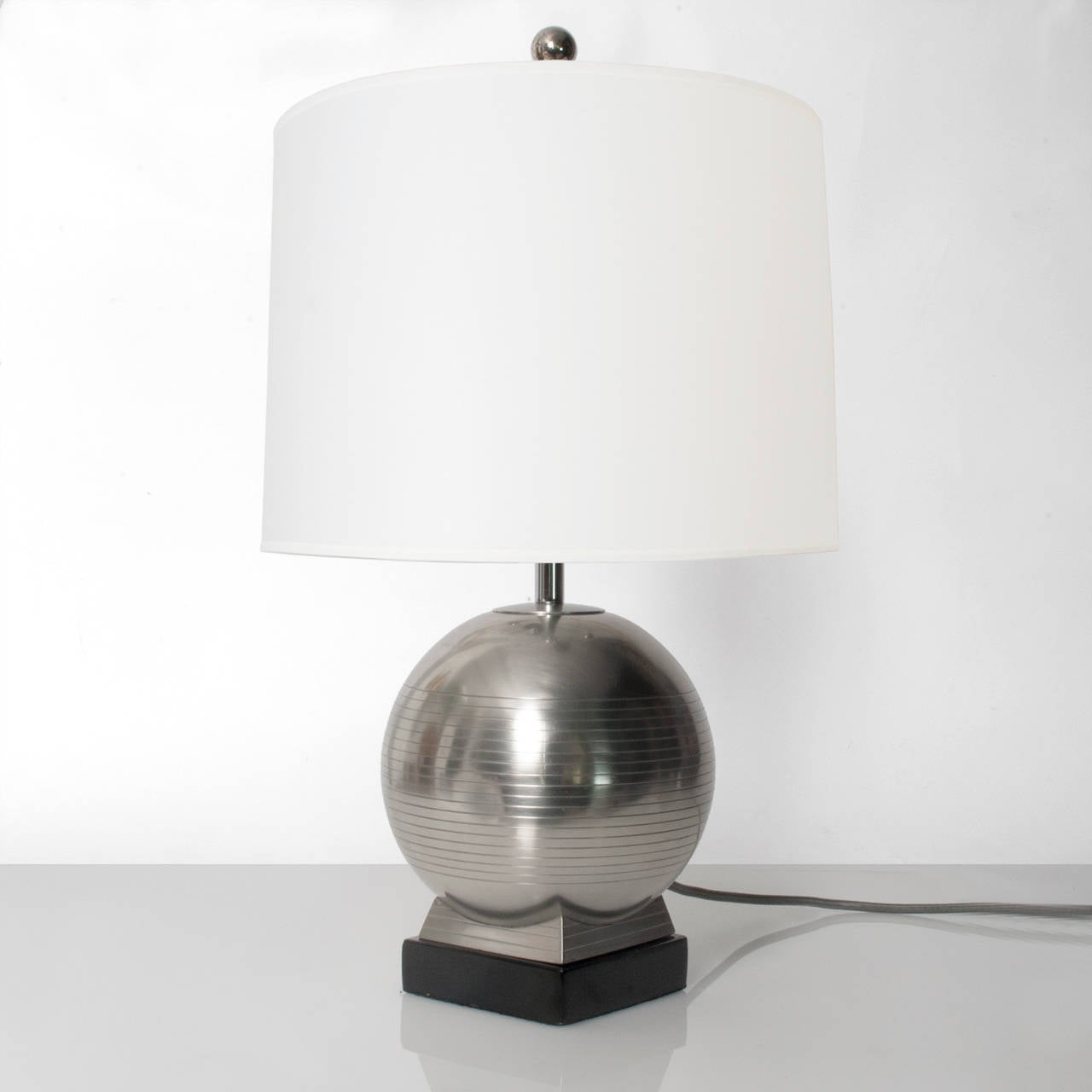 Polished Swedish Art Deco Pewter Table Lamp on Lacquered Wood Plinth by G.A.B.