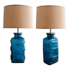 Vintage Pair of vivid blue glass table lamps by Pukeberg, Sweden 1960's