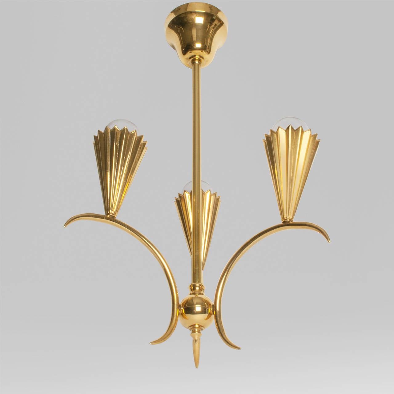 Swedish Art Deco Gilded Three-Arm Chandelier with Pleated Cones