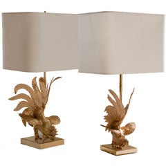 Vintage Pair of 1970 brass table lamps, rooster and hen, NK Sweden