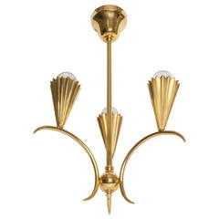 Antique Swedish Art Deco Gilded Three-Arm Chandelier with Pleated Cones